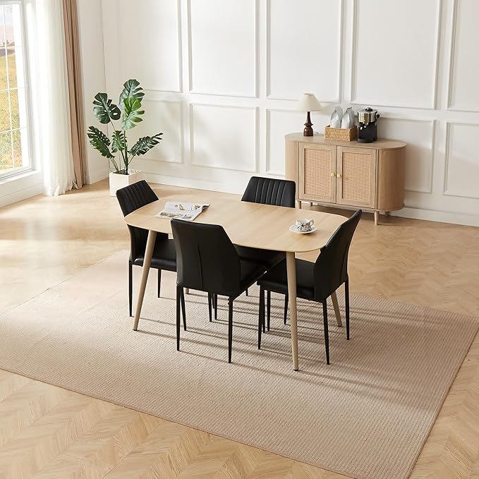 Modern 4-Piece Dining Table Set with Leather Chairs | 55.1 Inch Wood Kitchen Table & 4 Black Leather Seats | Space-Saving Durable Furniture for Small Spaces, Dining Room, Breakfast Nook