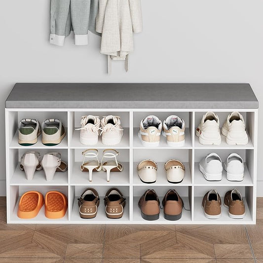12-Cubby Shoe Rack with Cushion, 3-Tier Wood Shoe Organizer, Multifunctional Shoe Organizer Bench for Entryway, Mudroom, Hallway, Closet,36.22 * 11.81 * 17.7 Inch, White