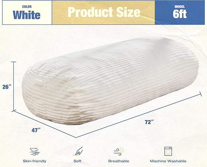 Hobestluk 6FT Bean Bag Chairs Adult Bean Bag with Portable Handle Comfy Large Bean Bag Lounge Chair with Removable Cover for Living Room Bedroom (Stripe White, 6FT)