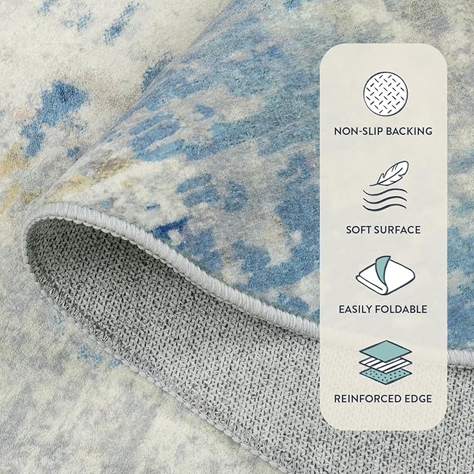 Lahome Modern Abstract Area Rug 4x6, Washable Living Room Rug for Bedroom Entryway Non Slip, Soft Contemporary Indoor Floor Throw Carpet for Apartment Playroom Home Office, Blue