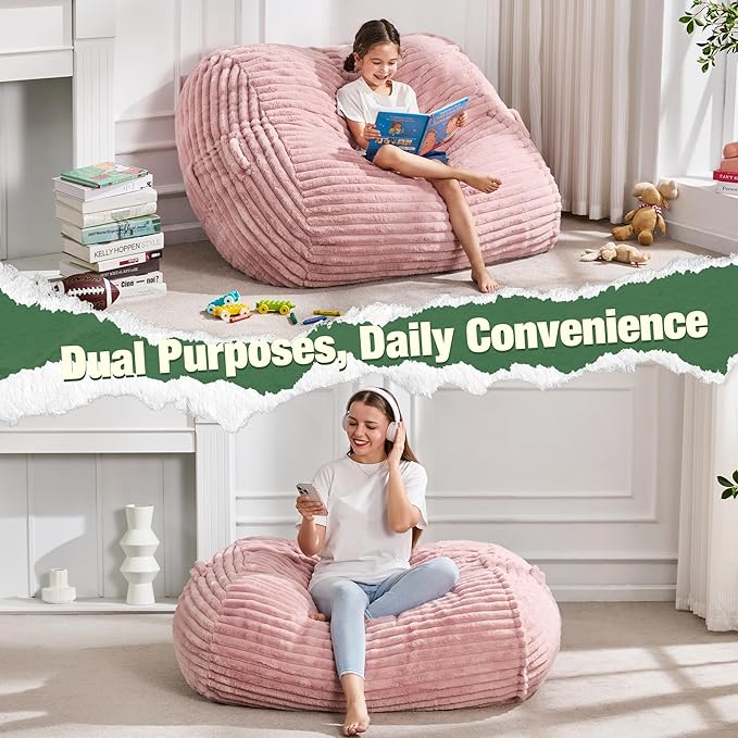 Hobestluk 3FT Bean Bag Chairs Adult Bean Bag with Portable Handle Comfy Large Bean Bag Chair with Removable Cover for Living Room Bedroom or Reading Nook (Stripe Pink, 3FT)