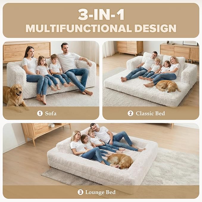HABUTWAY Convertible Sofa Bed,3-in-1 Folding Futon Sofa Bed with Pillow, Foldable Sleeper Sofa Bed with Removable Cover,Plush Boneless Floor Chair Couch Lounge for Living Room,(Queen,White)