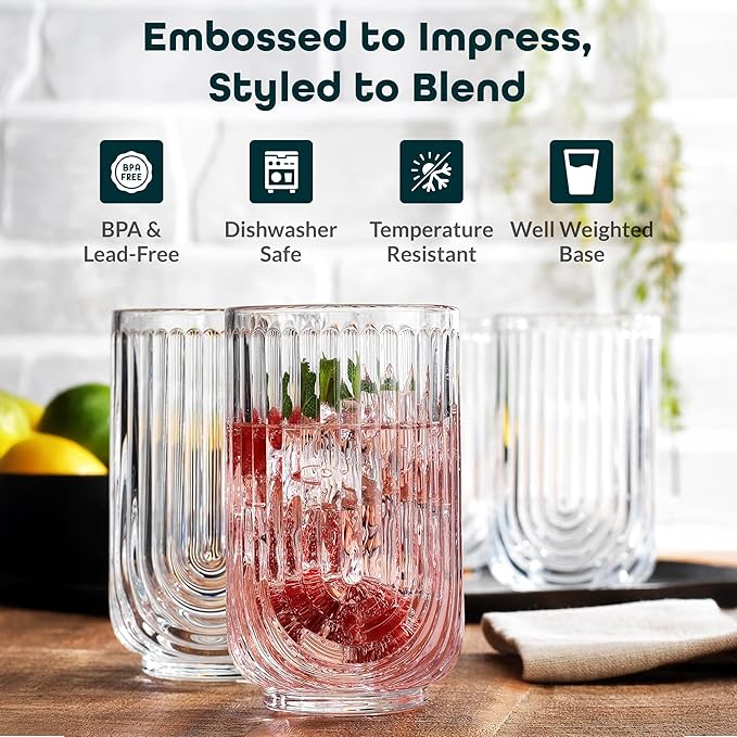 Glaver's Drinking Glasses Set of 8. 17oz Vintage Drinking Cups. Ripple Cocktail Glasses, Ribbed Drinking Highball Glass Cups. Arch Designed Art Deco Glassware for Water Juice Coffee. Package may Vary