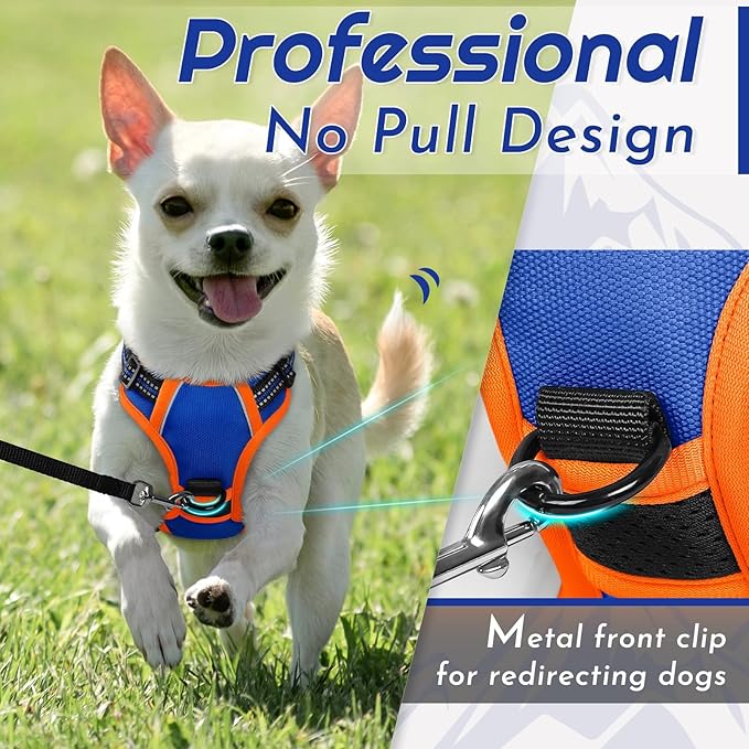 Eagloo Small Dog Harness No Pull, Service Vest with Reflective Strips and Control Handle, Adjustable and Comfortable for Walking, No Choke Pet Harness with 2 Metal Rings, Blue & Orange, XS