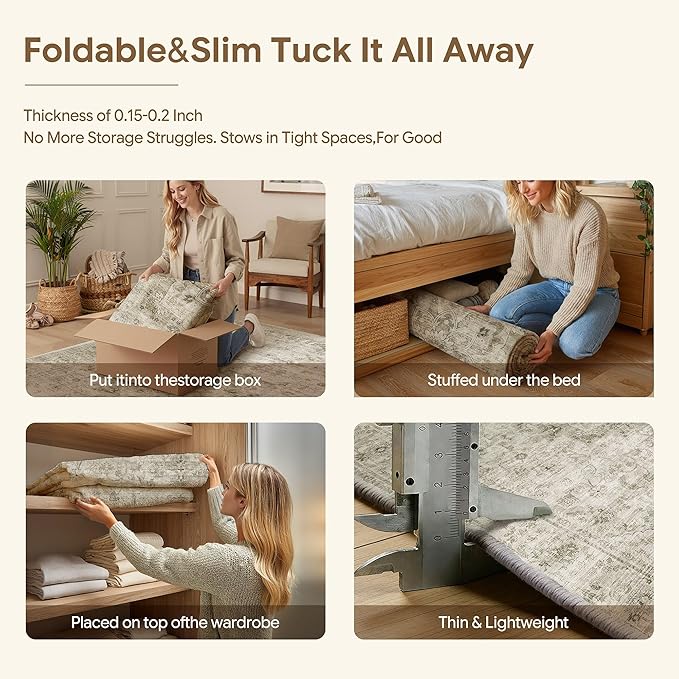HUGEAR Washable 2x3 Entryway Area Rugs Retro Beige Small Vintage Distressed Non Slip Stain Resistant Low Pile Neutral Throw Carpet for Bedside Kitchen Entryway Home Decor