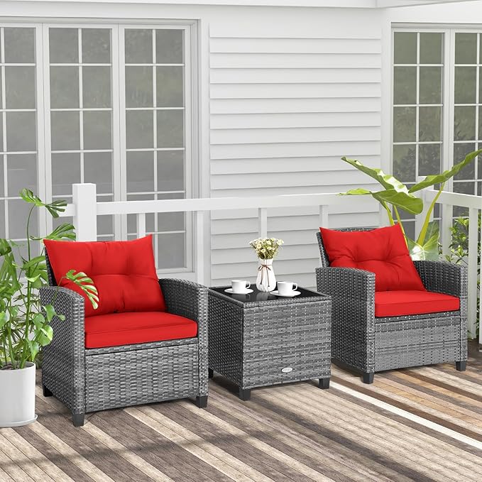 Tangkula 3 Pieces Patio Furniture Set, Outdoor PE Rattan Conversation Chair Set with Tempered Glass Side Table and Removable Cushions, PE Wicker Chairs and Table Set for Porch, Balcony and Garden