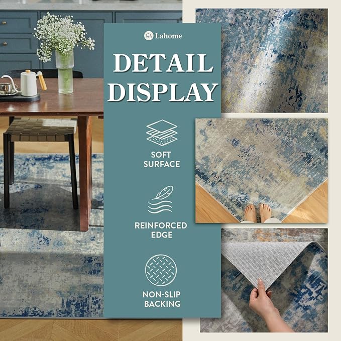 Lahome Modern Abstract 6x9 Area Rugs for Living Room, Washable Accent Bedroom Rug Low Pile Stain Resistant, Blue Soft Indoor Contemporary Carpet for Dining Room Table Apartment
