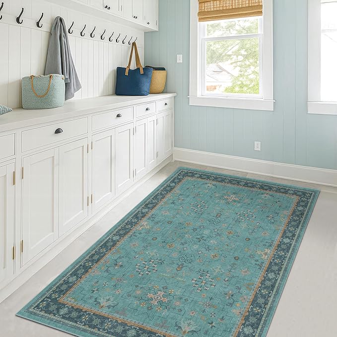 Washable Teal Rugs for Entryway Indoor - 3x5 Throw Rug for Large Kitchen, Bedroom Bedside, Bathroom, Mudroom, Boho Turquoise Modern Décor, Non Slip Low Pile Fade Resistant