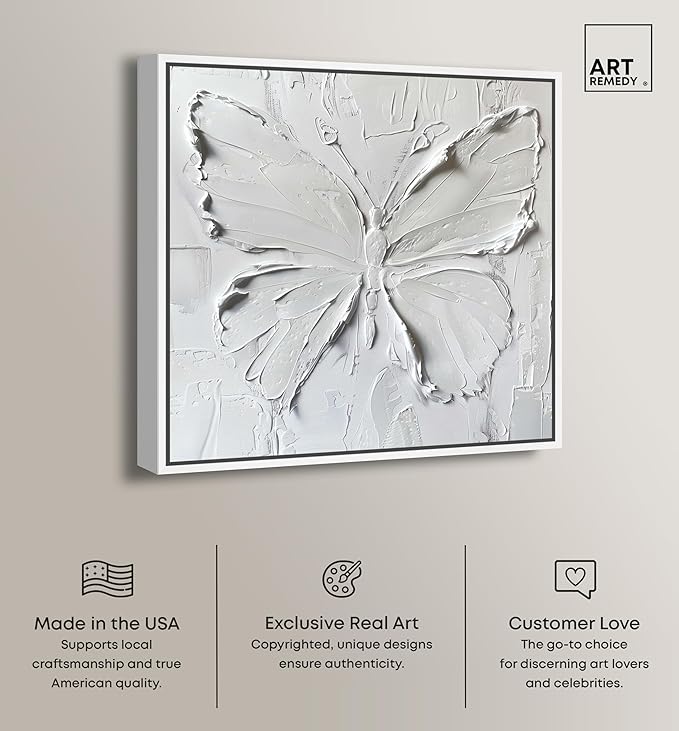 Art Remedy White Butterfly Canvas Elegant White Gold Wall Art, White Frame, 24" x 24"