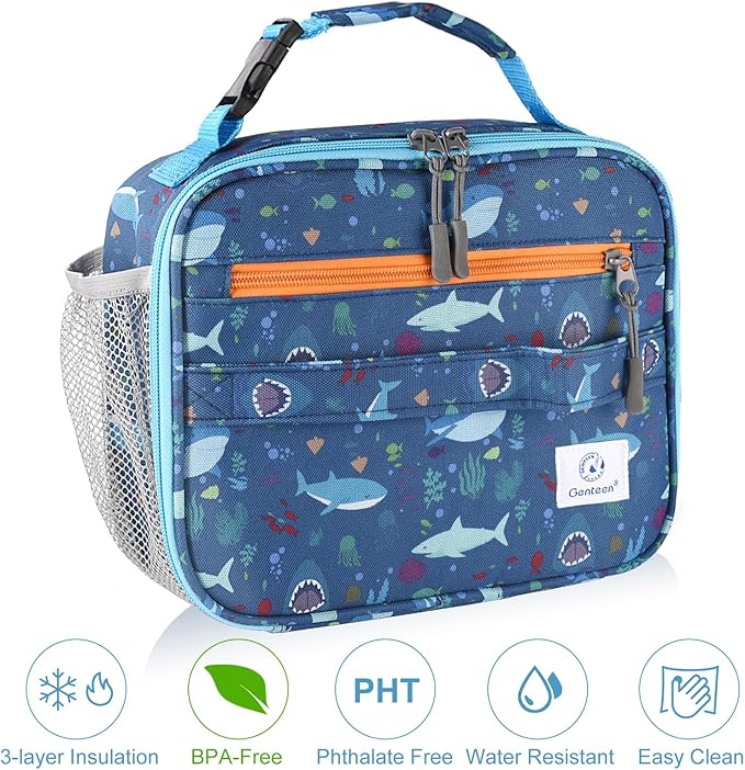 Genteen Lunch Box Kids, Prints Insulated Lunch Bag Kids Boys Girls,Soft Bag Mini Cooler Back to School Thermal Meal Tote Kit Lunch Box for School,Work,Outdoor - Shark