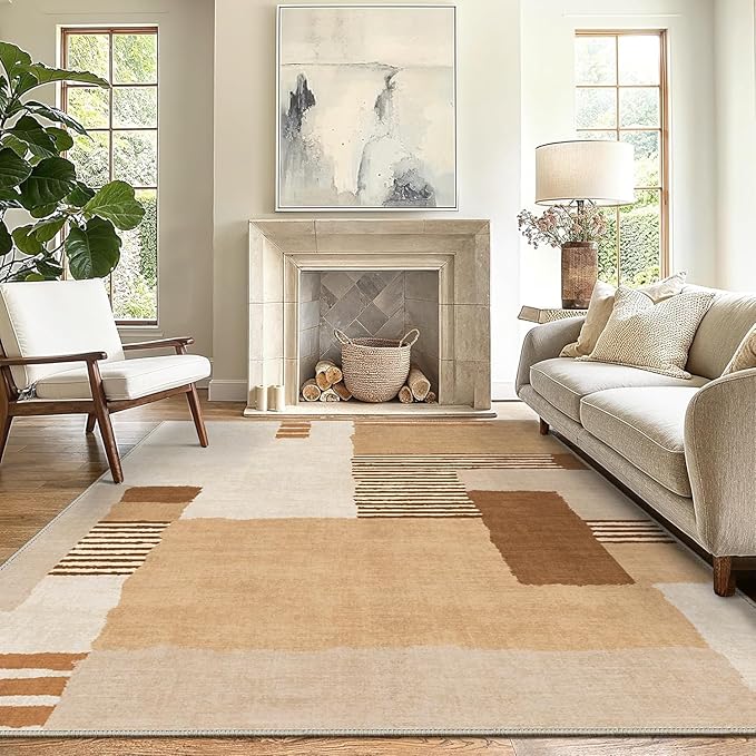 Bavni Washable Rugs 6x9 Area Rug for Living Room Bedroom, Washable Rug Vintage Print Carpet, Low Pile Lightweight Mat with Non Slip Backing, Orange Brown