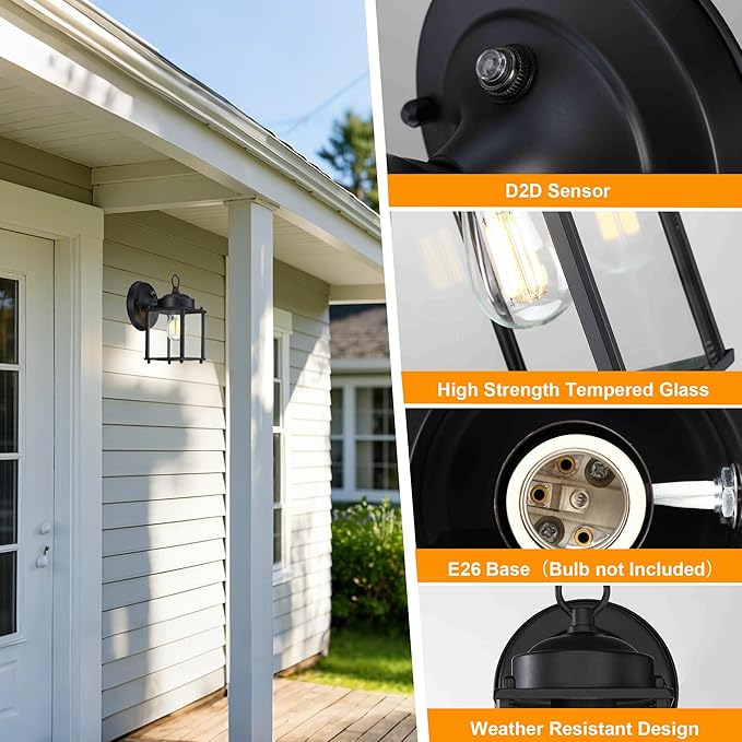 GRUENLICH Dusk to Dawn Outdoor Wall Lantern, Exterior Wall Sconce Light Fixture, Outside Porch Lighting with Clear Glass for House, Patio, Matte Black, 4 Pack