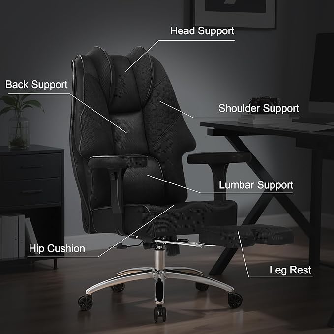 VECELO Big and Tall Office Chair 400lbs, Mesh High Back Computer Chair with Foot Rest, Ergonomic Desk Chair with Lumbar Support and Armrest, Black