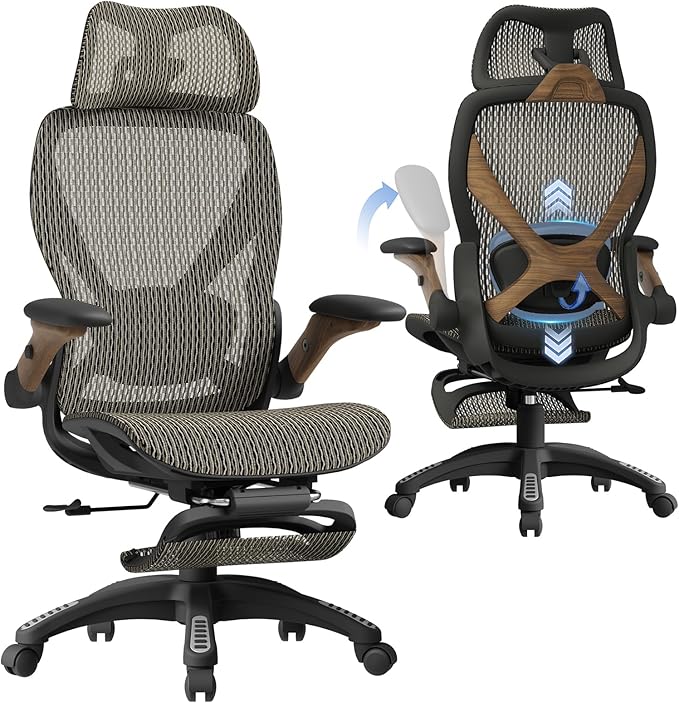 ELABEST X100 Ergonomic Office Chair with Footrest, Big and Tall Home Desk Chair with 5D Flip-Up Arms, Adjustable 3D Lumbar Support,High Back Rolling Computer Chair, Swivel Mesh Chairs (Coffee Break)