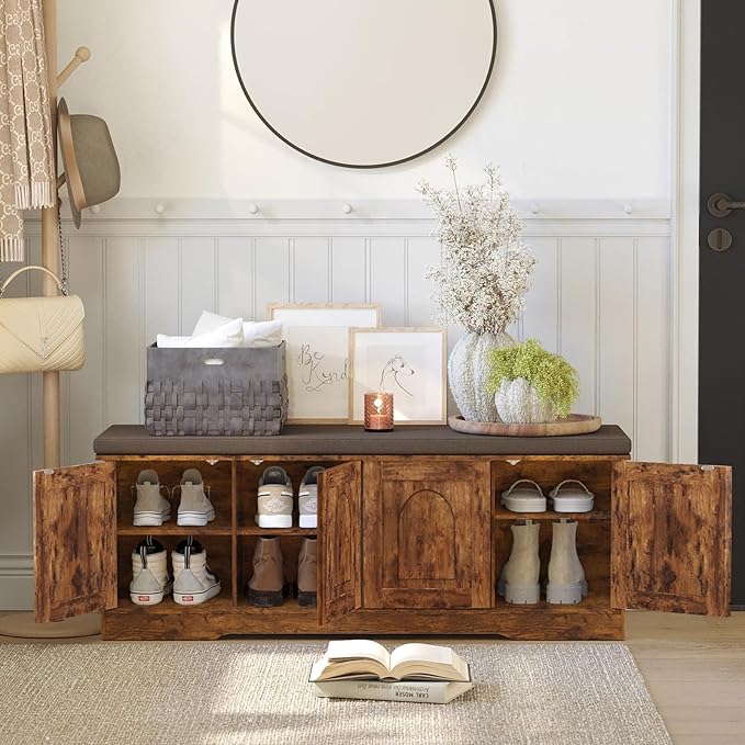 DINZI LVJ Shoe Bench, Entryway Storage Bench with Doors, Cushion, 2-Tier Shoe Rack with 8-Cubby, 47.2”L x 13.8”W Shoe Organizer Cabinet, Adjustable Shelf, Living Room, Bedroom, Rustic Brown