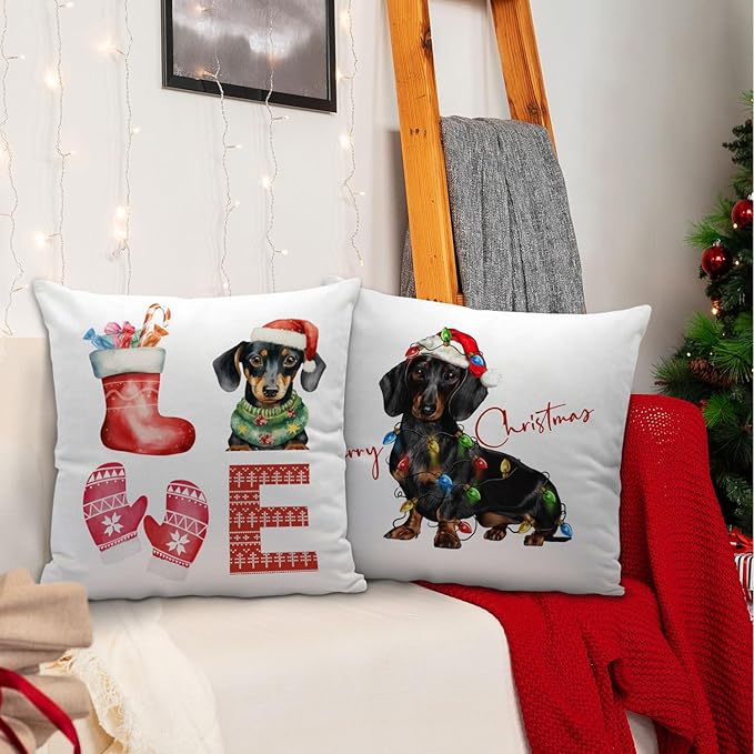 Dachshund Christmas Pillow Covers 18x18, Dachshund Gifts for Women, Merry Christmas Decor, Living Room Bedroom Decor, Set of 2