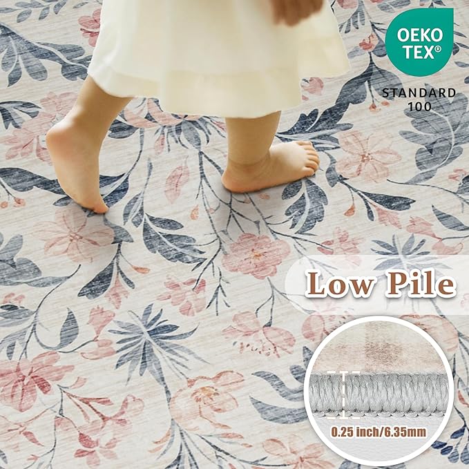 6x9 Area Rugs Washable Rug: Lagre Boho Living Room Rug Soft Non-Slip Thin Carpet Indoor Floor Non-Shedding Neutral Floral Carpets for Bedroom Dining Room Farmhouse Nursery Multi