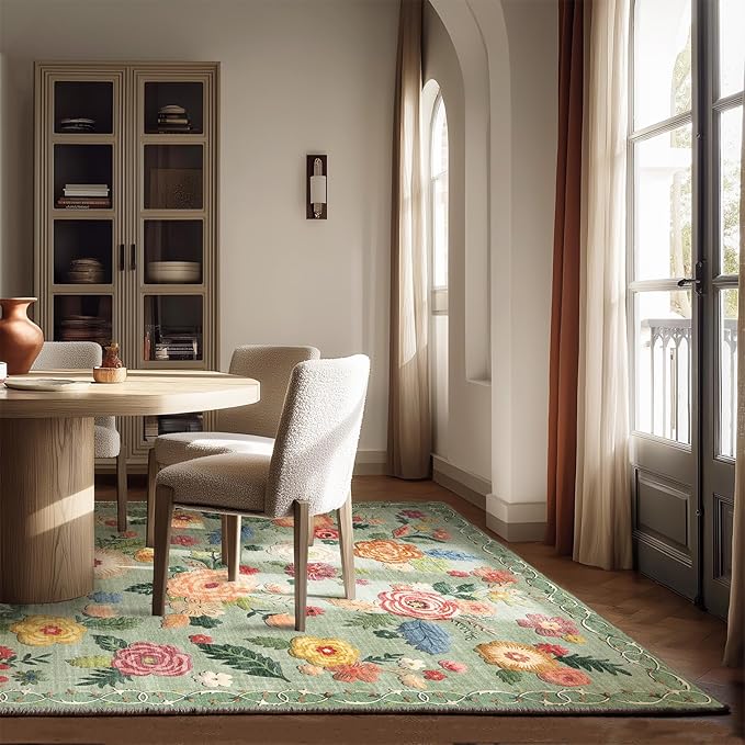 8x10 Area Rugs for Living Room: Washable Rug Stain Resistant Distressed Vintage Green Floral Rug Non Slip Low Pile Faux Wool Soft Large Area Rugs for Bedroom Bedside Farmhouse Dining Room Kids Nursery