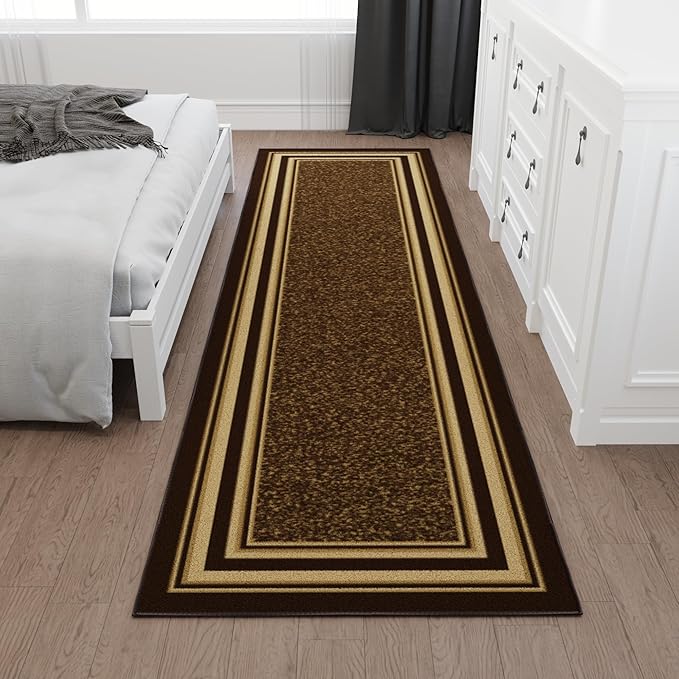 Ottomanson Hallway Runner Rug 2'7" x 9'6" Non Slip Border Area Rugs Easy to Clean Laundry Rug Runner Durable & Pet Friendly Floor Carpet Runners for Hallways Entryway Living Room Kitchen, Brown