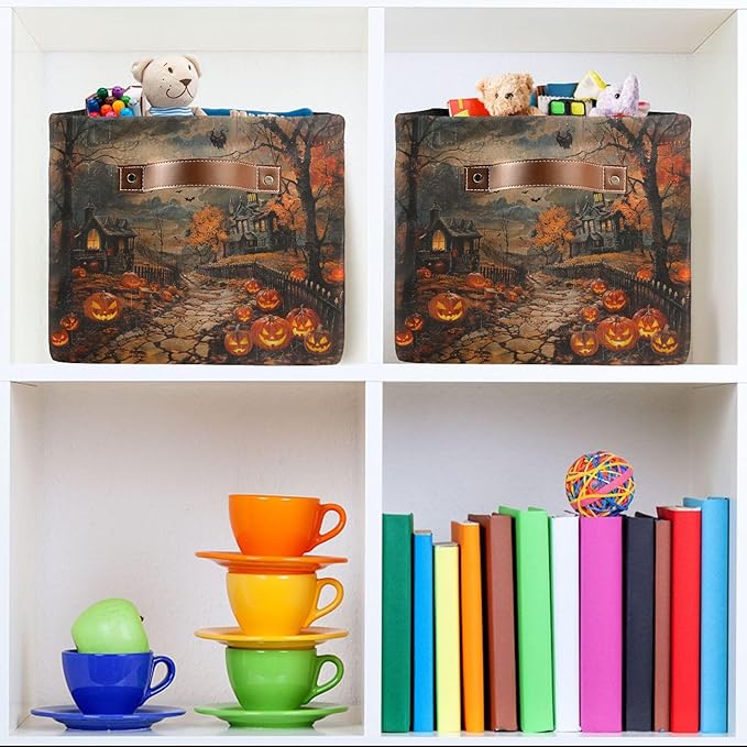 Wamika Halloween Castle Storage Basket with Waterproof Liner and PU Handles Spooky Pumpkin Lantern Storage Bins Boxes 14.2" Collapsible Decorative Organizer Baskets for Bedroom Closet Office 1 Pack