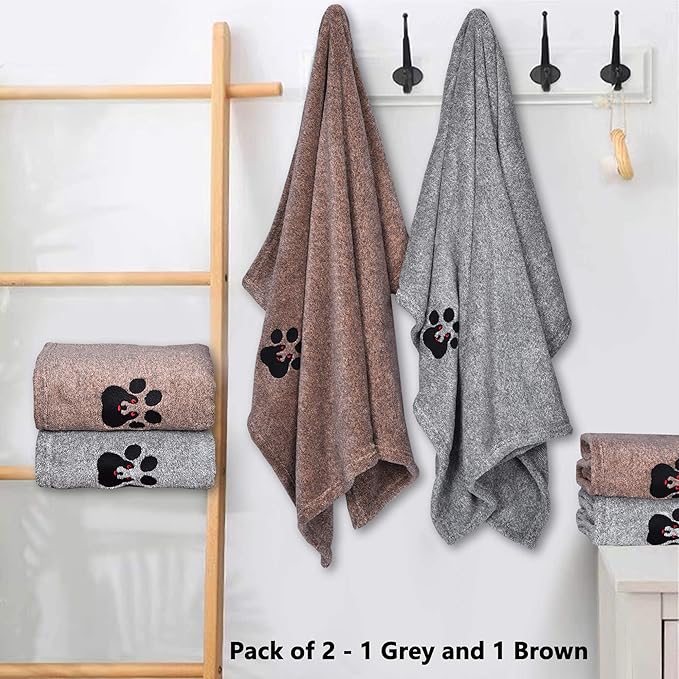 Dog Towel - Pack of 2 - Super Absorbent Soft Microfiber Pet Bath Grooming Towels for Drying Dogs and Other Pets (M-36" * 28", Grey and Brown)