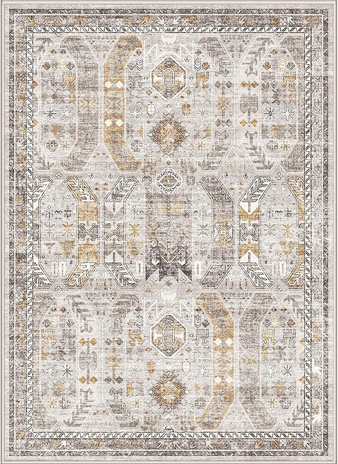 Washable Rug 8x10 Area Rugs for Living Room - Stain Resistant Non-Slip Backing Rugs for Bedroom,Ultra-Thin Vintage Large Area Rug (Brown/Gold, 8'x10')