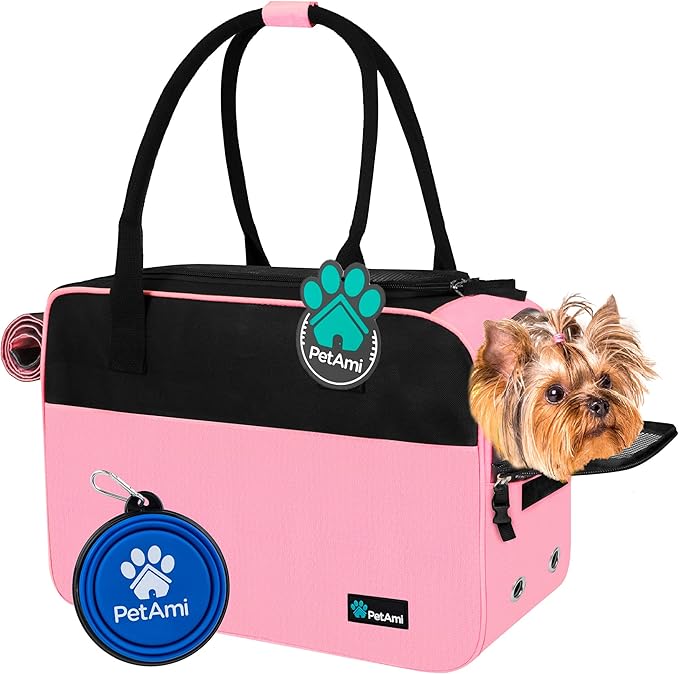 PetAmi Dog Purse Carrier for Small Dogs, Airline Approved Soft Sided Pet Carrier with Pockets, Ventilated Dog Carrying Bag for Puppy Cat, Dog Travel Supplies Bag, Sherpa Bed, Max 12 lbs, Pink
