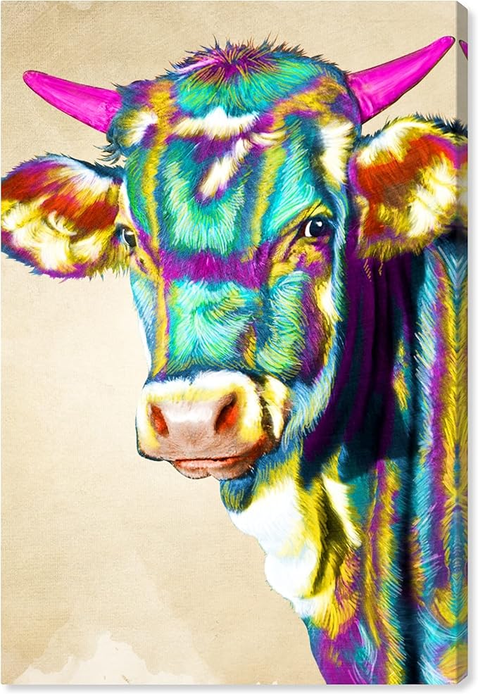 Country Farmhouse Canvas Print Painting Animal Wall Art 'Fun Colorful Glam Farm Cow' Unframed Gallery Wrapped Canvas Rustic Home Décor 10x15 in Green, Pink by Oliver Gal