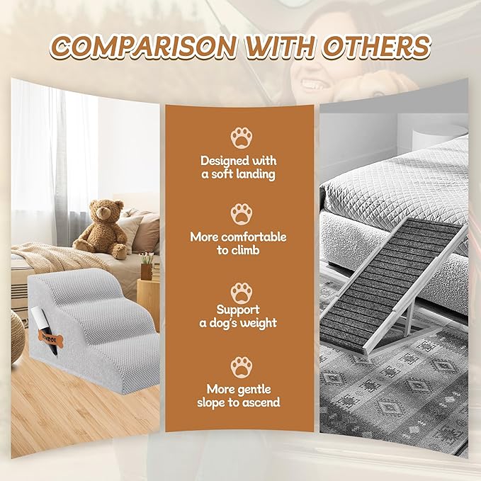 Romrol Dog Stairs Ramp for Beds Couches, Extra Wide Pet Steps with Durable Non-Slip Waterproof Fabric Cover, Dog Slope Stairs for Small Dogs and Cats or Pets Friendly, 3-Tiers, 13 Inch,Light Grey