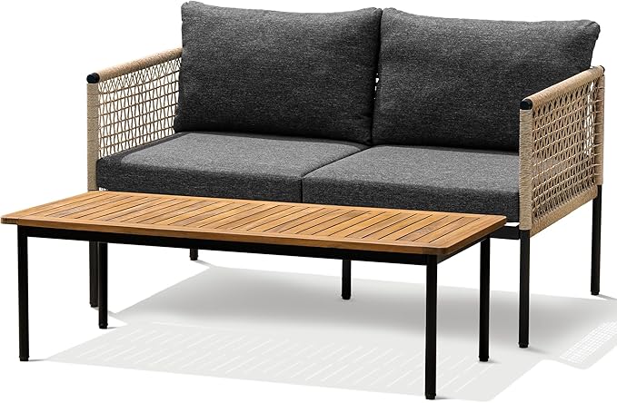 Idzo Oscar Wicker Metal Loveseat with Coffee Table – Black, 2-Seater Outdoor Sofa Set for Small Patios, Balcony or Garden, Heavy-Duty Love Seat Couches for Relaxing and Entertaining