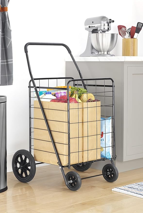 Whitmor Extra Large Utility Foldable Shopping Cart with Wheels, 100 Lb Capacity, Heavy Duty Grocery Cart with Steel Frame, Foam Handle, Rolling Collapsible Utility Trolley for Grocery, Laundry, Black