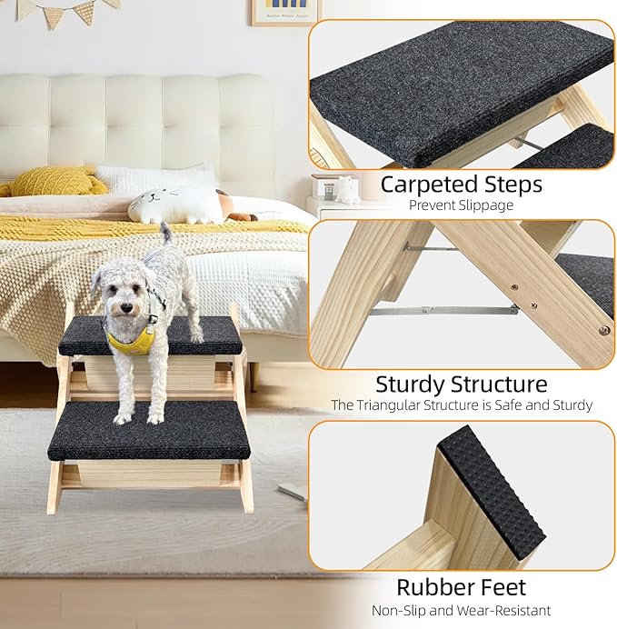 Dog Stairs/Ramp for Bed, Wooden Convertible Pet Steps, Portable Dog Step Up to 180 Pound for Elderly/Short-Legged Dogs, 2 Steps for Beds, Couch, Cars