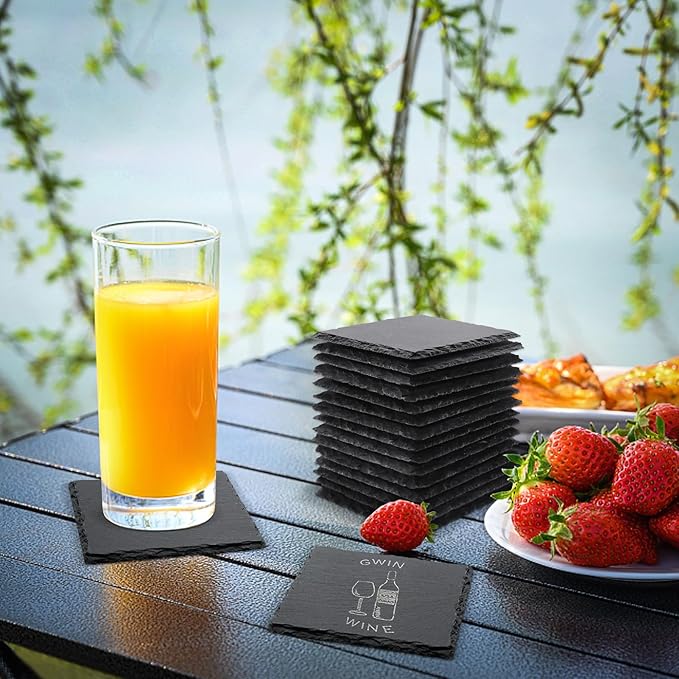 12 Pack Slate Drink Coasters with Metal Holder, VIBRATITE 4 Inch Black Slate Stone Coasters Bulk Laser Engraving Blanks with Anti-Scratch Bottom for Drink Coffee Bar Kitchen Home Decor, Square