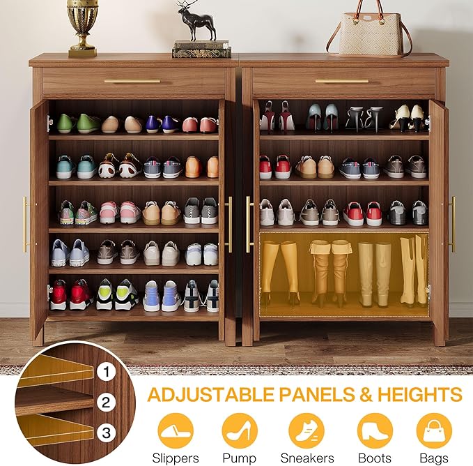 Tribesigns Shoe Cabinet, 5-Tier Shoe Storage Cabinet with Louvered Doors and Drawer, Freestanding Wooden Shoe Rack Organizer with Adjustable Shelves for Entryway, Hallway, Closet, Brown