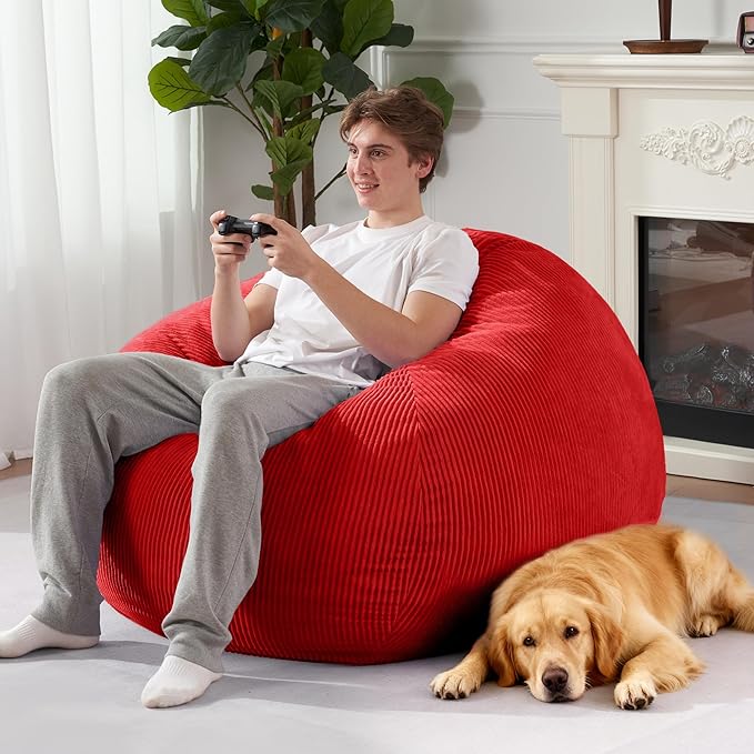Homguava 4FT Bean Bag Chair for Adults,Teardrop Bean Bags Big Beanbag Chair with Memory Foam Filled and Ultra Soft Removable Corduroy Cover for Living Room, Bedroom (Red)