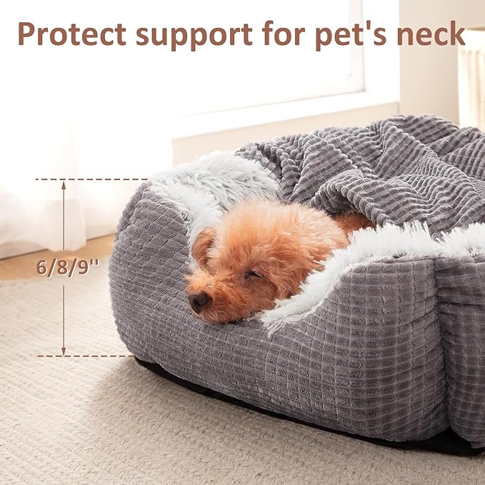 MIXJOY Dog Beds for Large Medium Small Dogs, Rectangle Cave Hooded Blanket Puppy Bed, Luxury Orthopedic Cat Beds for Indoor Cats, Warmth and Machine Washable (35 inches, Grey)