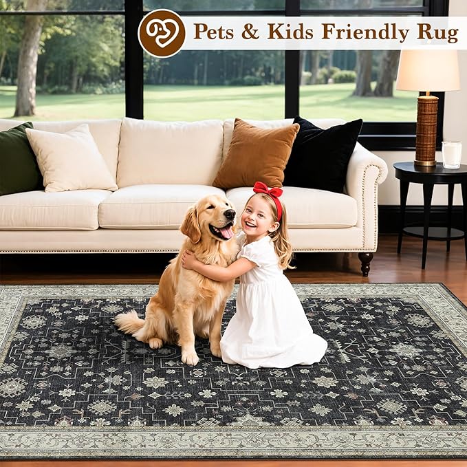 LBRO2M Black Washable Rugs 5X7 for Living Room Bedroom Vintage Non Slip Rugs Easy Clean, Low Piles Stain Resistant Carpet Distressed Area Rug Great for Pets and Family (5'X7' Charcoal Black)