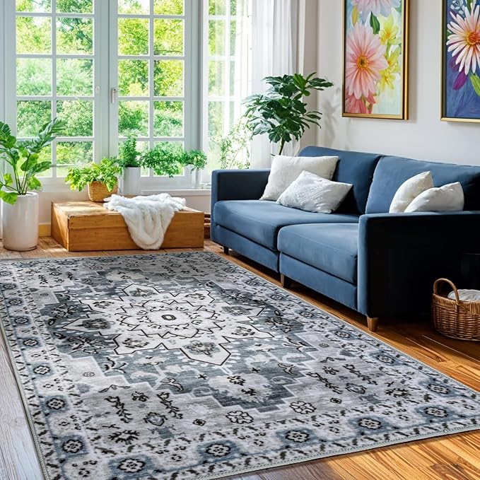 LBRO2M Boho Area Rug 5X7 Washable Rugs for Bedroom Low Piles Indoor Carpet, Non Slip Soft Rug for Living Room, Dining Room, Rug Foldable Pet Friendly Area Rugs Stain Resistant (5'X7' Dusty Blue)