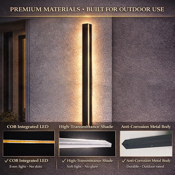 Long Outdoor Wall Lights, 47.24 Inches Exterior Lights, Waterproof Ip65 Linear LED Wall Sconce, 38W Elegant Rectangular Frosted Acrylic Warm White Lighting Fixture, Linear Lamps for Porch, Garage