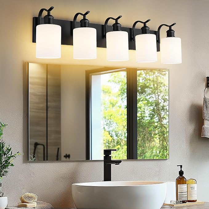 5 Light Bathroom Vanity Light, Morden Black Vanity Light Bathroom Lighting Fixtures Over Mirror Black Wall Sconces with Milky White Frosted Shade ZCVL01BKW-5