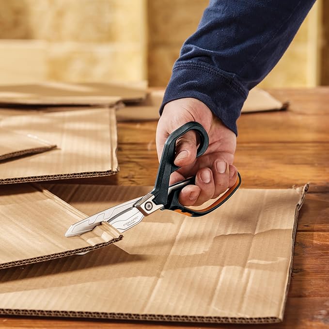 Fiskars PowerArc 8" Shop Shears, Heavy Duty Serrated Stainless Steel Scissors with Comfort Grip, Hardware Tool for Construction, Cut Materials like Insulation, Duct Tape, Cardboard, Rope and Tyvek