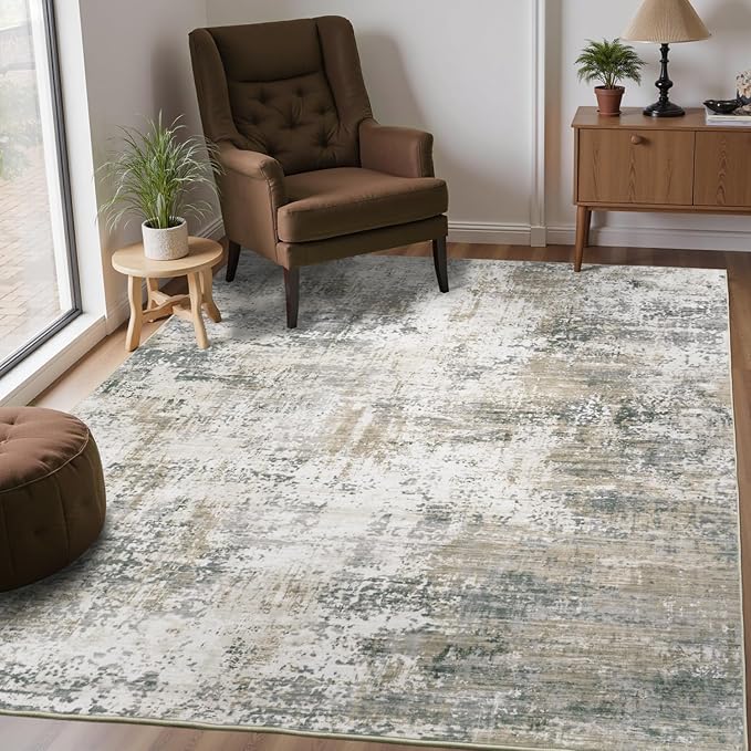 5x7 Area Rugs, Neutral Machine Washable Rugs for Living Room, Abstract Modern Soft Non-Slip Thin Print Floor Carpet for Bedroom Kids Room, Brown Tan