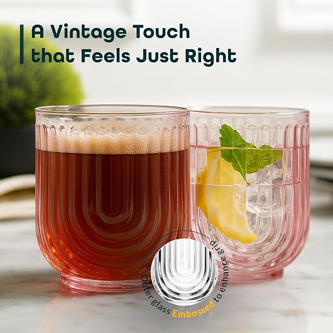 Glaver's Vintage Glassware Art Deco Glasse Ribbed Drinking Glasses U-Shape Arch Design Colored Cocktail Kitchen Tumblers Everyday Dinner Decorative Party (Pink S/4 11oz)