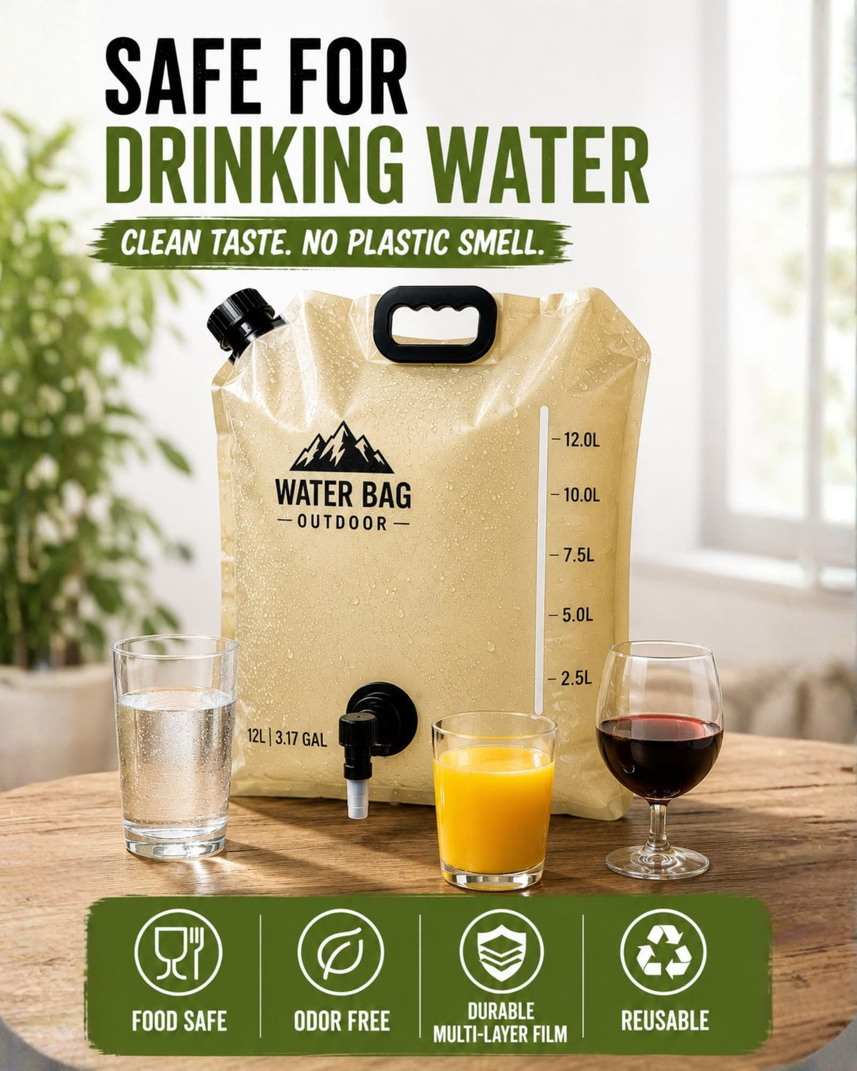 CoreMuse 3.17 Gallon/12L Collapsible Water Container with Spigot, Foldable Water Storage Bag for Camping, RV, Emergency Preparedness & Outdoor Cooking