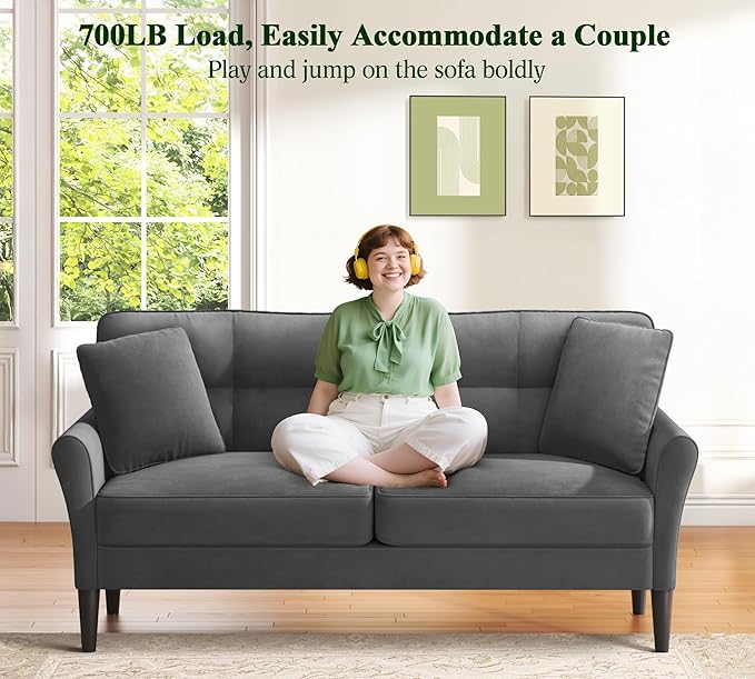 69" Loveseat Sofa, Velvet Small Couches for Small Spaces, Love Seat Couches with 2 Pillows, Tool-Free Setup Loveseats, 700lb Load Sofas for Living Room, Mini Couch for Bedroom, Sofa Couch, Charcoal