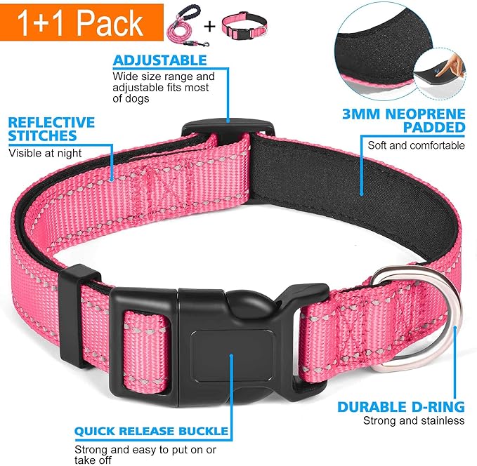 Reflective Dog Collar Padded with Soft Neoprene Breathable Adjustable Nylon Dog Collars for Small Medium Large Dogs (Small (Pack of 1), Pink Collar+Leash)