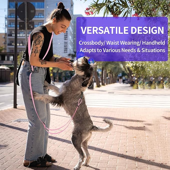 Kazazoo Hands-Free Dog Leash Adjustable Length 5-8 Ft, Waist for Dog Walking, Running for Small &Medium Dogs with Reflective Strips, Ballistic Nylon, Waist Belt, Lightweight Pink