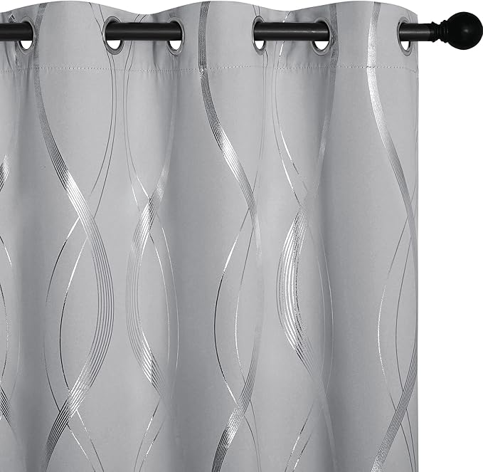 NICETOWN Kitchen Blackout Curtain Panels, Silver Grey, Set of 2, 42 by 48 Inch, Window Treatment Thermal Insulated Solid Grommet Blackout Wave Line Foil Print Design Curtains for Kitchen, Cafe, Loft