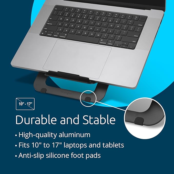 Kensington Adjustable Aluminum Laptop Stand for Desk, Ultra-Slim Lightweight Foldable Portable Notebook Holder, Anti-Slip Silicone Tablet Mount for 10"-17" Laptops and Tablets, Black K50428WW