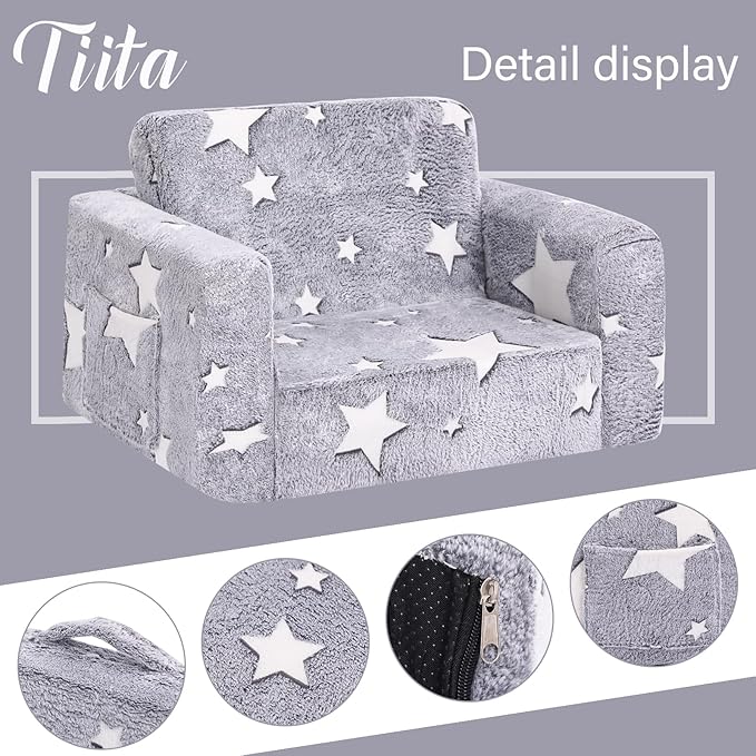 Tiita Kids Chair Couch, Folding Toddler Comfy Sofa Chairs, 2-in-1 Kids Plush Sofa Fold Out, Baby Armrest Chair Sofa to Lounger, Convertible Play Sofas to Bed for Girl or Boy, Grey Star